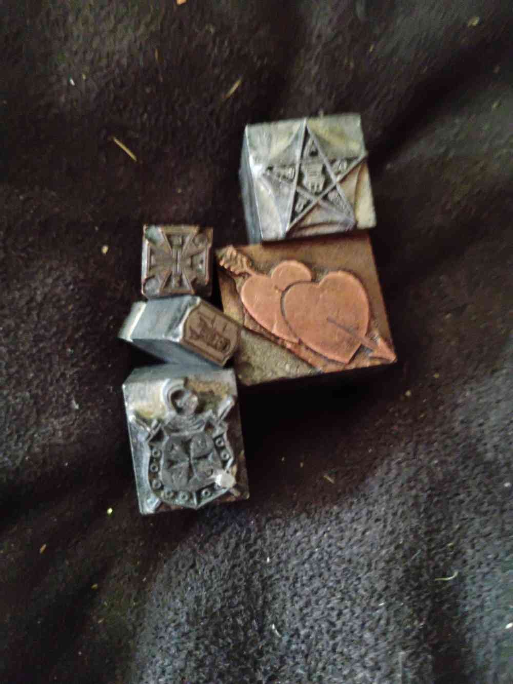 Vintage Metal Letterpress Printing Blocks Lot Cross Hearts Shield Star