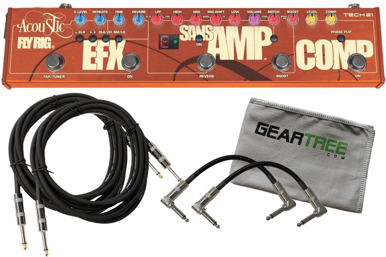 Tech 21 Acoustic Fly Rig EFX, SansAmp & Comp Pedal Bundle w/ 4 Cables and Cloth