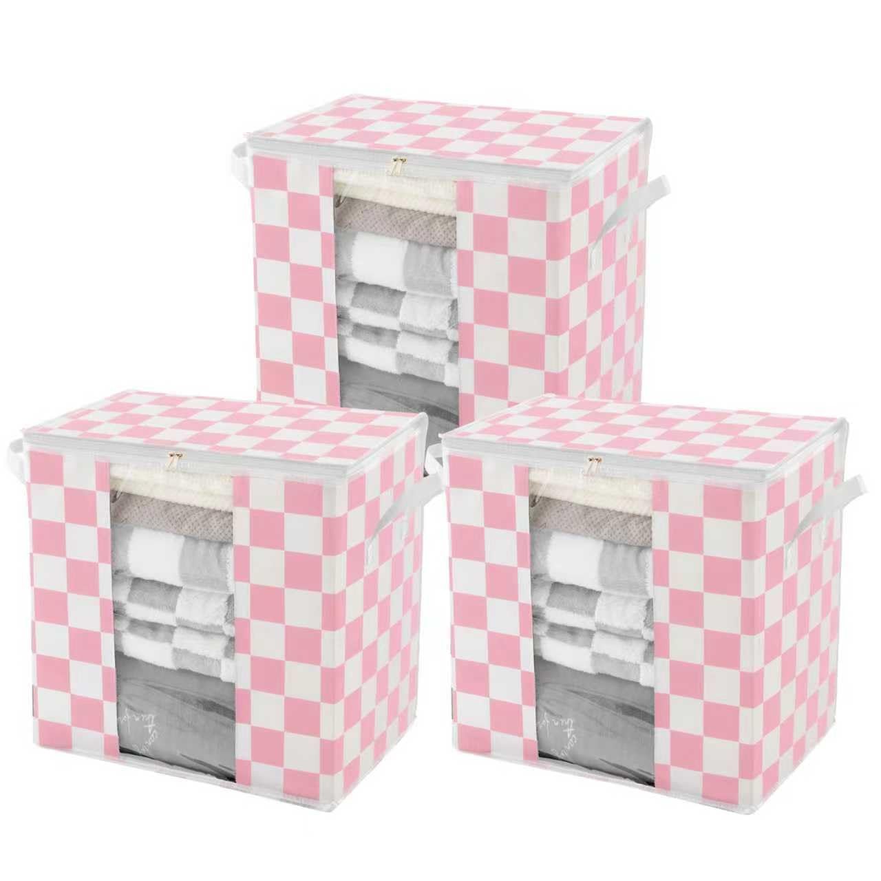 Pink Checkered Clothes Storage Bins 100L Large Blanket Bags 3 PCS