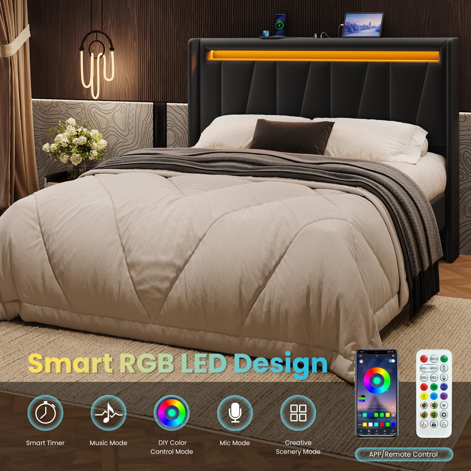 Full Size Bed Frame with Charging Station and LED Lights, Modern Velvet Platf...