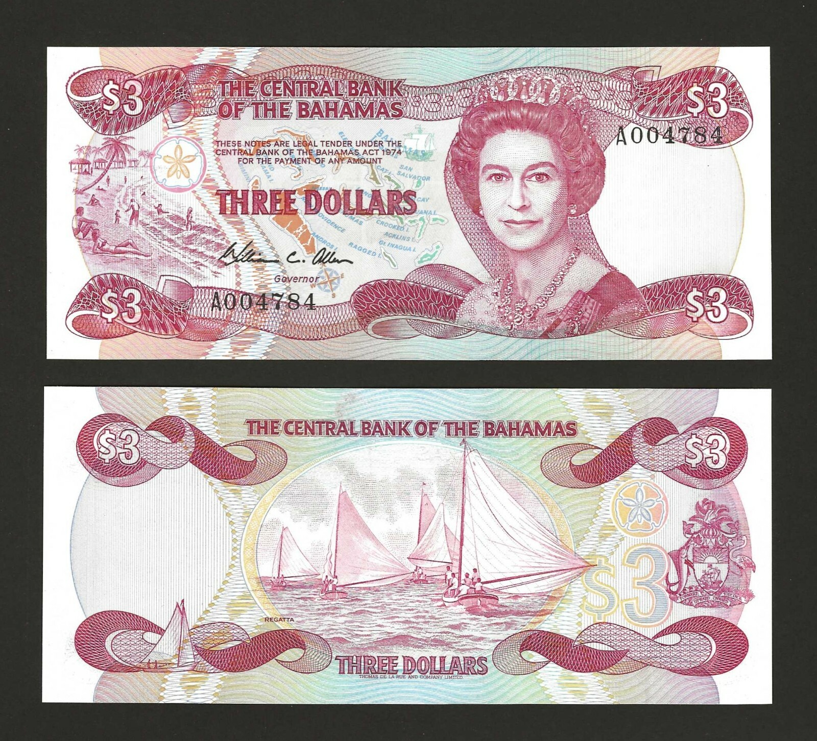 BAHAMAS $3 Dollars 1974 (ND 1984), P-44, Pack Fresh UNC, Small S/N A0047xx QEII