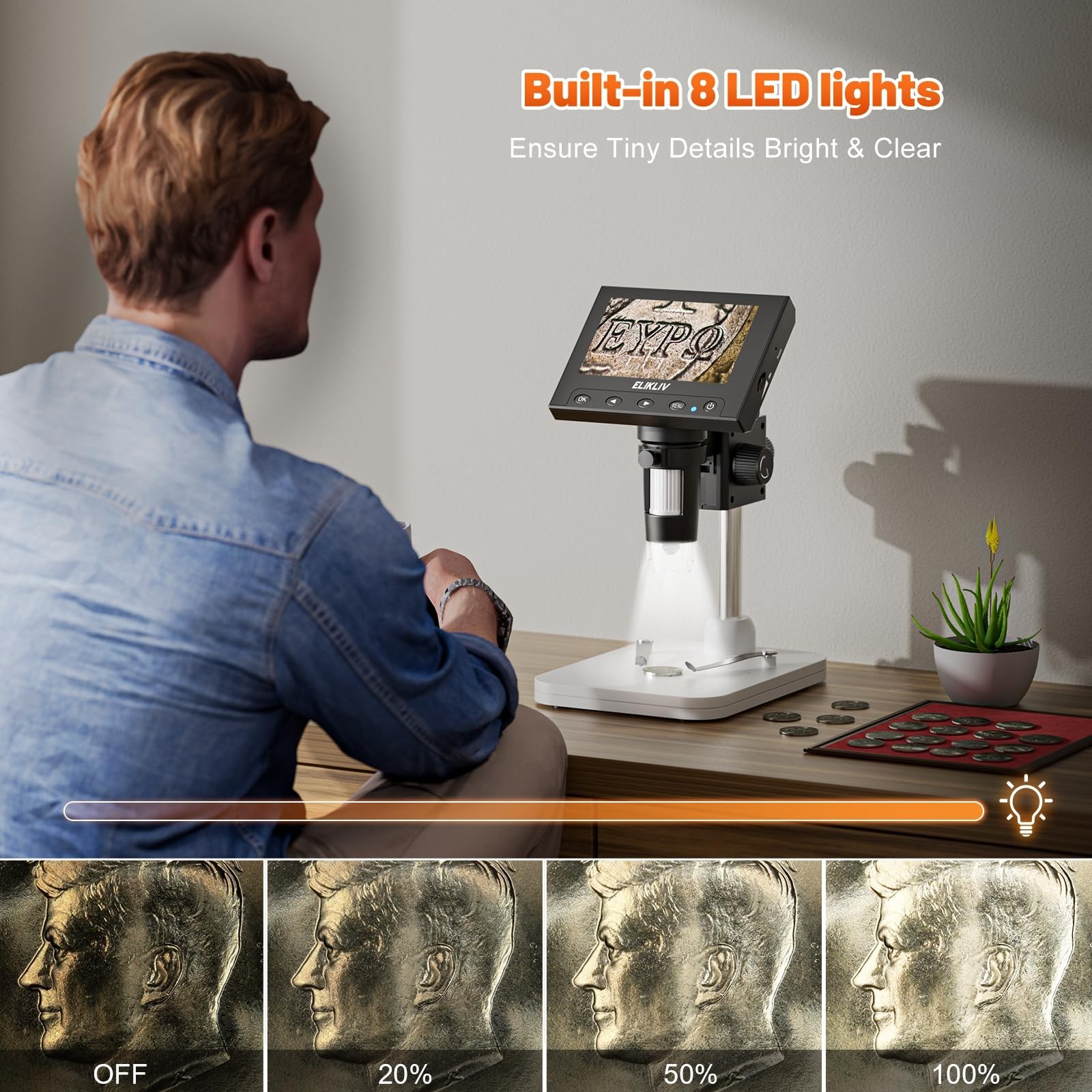 Elikliv Microscope, LCD Digital Coin Microscope 1000x, Coin Magnifier with 8 ...