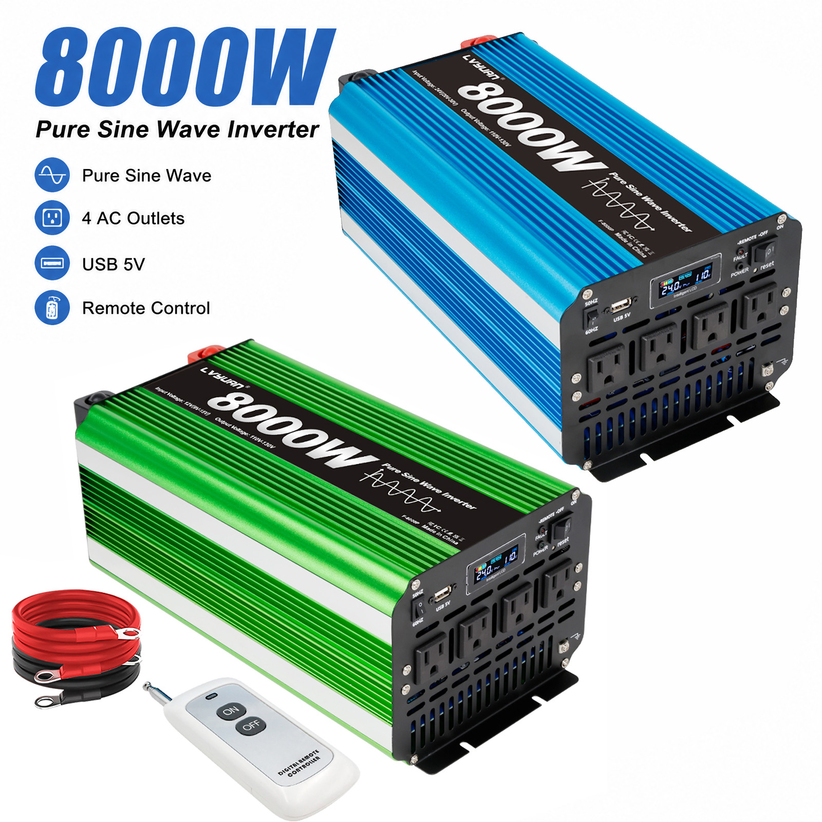 8000W Pure Sine Wave Power Inverter 24V DC to 120V AC 4 Outlets with LCD Remote