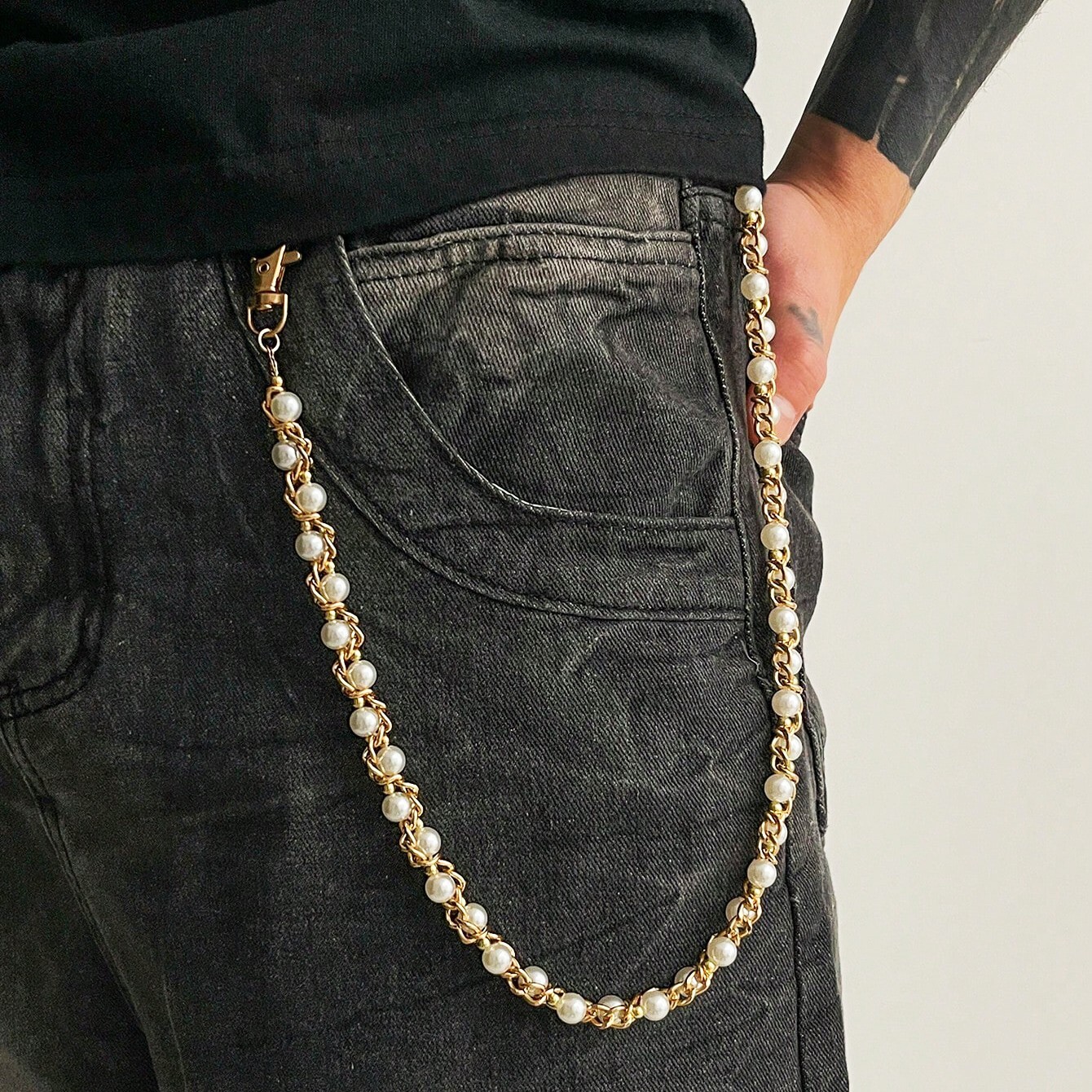 Unisex Hip Hop Style Fashionable Casual Faux Pearl Pants Jean Chain Men, Women