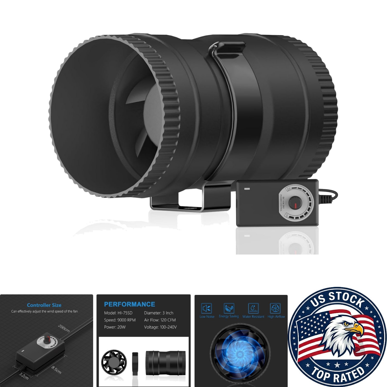 20W 3 Inch Inline Blower Fan - Energy Efficient, Quiet Operation, Clip-On Mount
