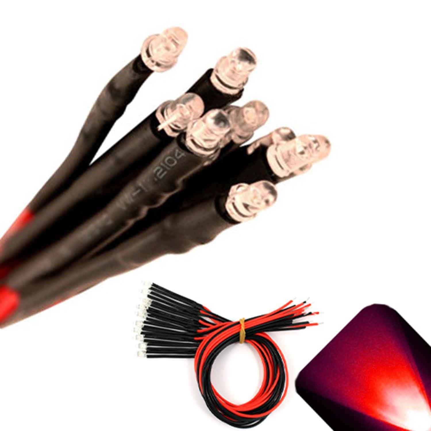100 x Pre wired 12v 3mm Red LEDs Prewired 12 volt DC LED Car 10v 11v 13v 14v 15v