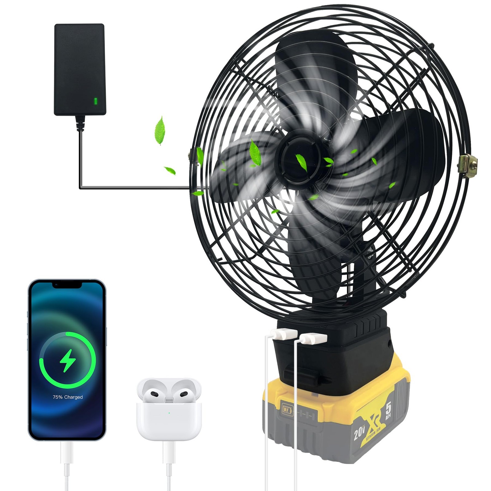 Portable Cordless F-an for Dewalt 20V Battery, Cordless Works Fan Ba-ttery Po...