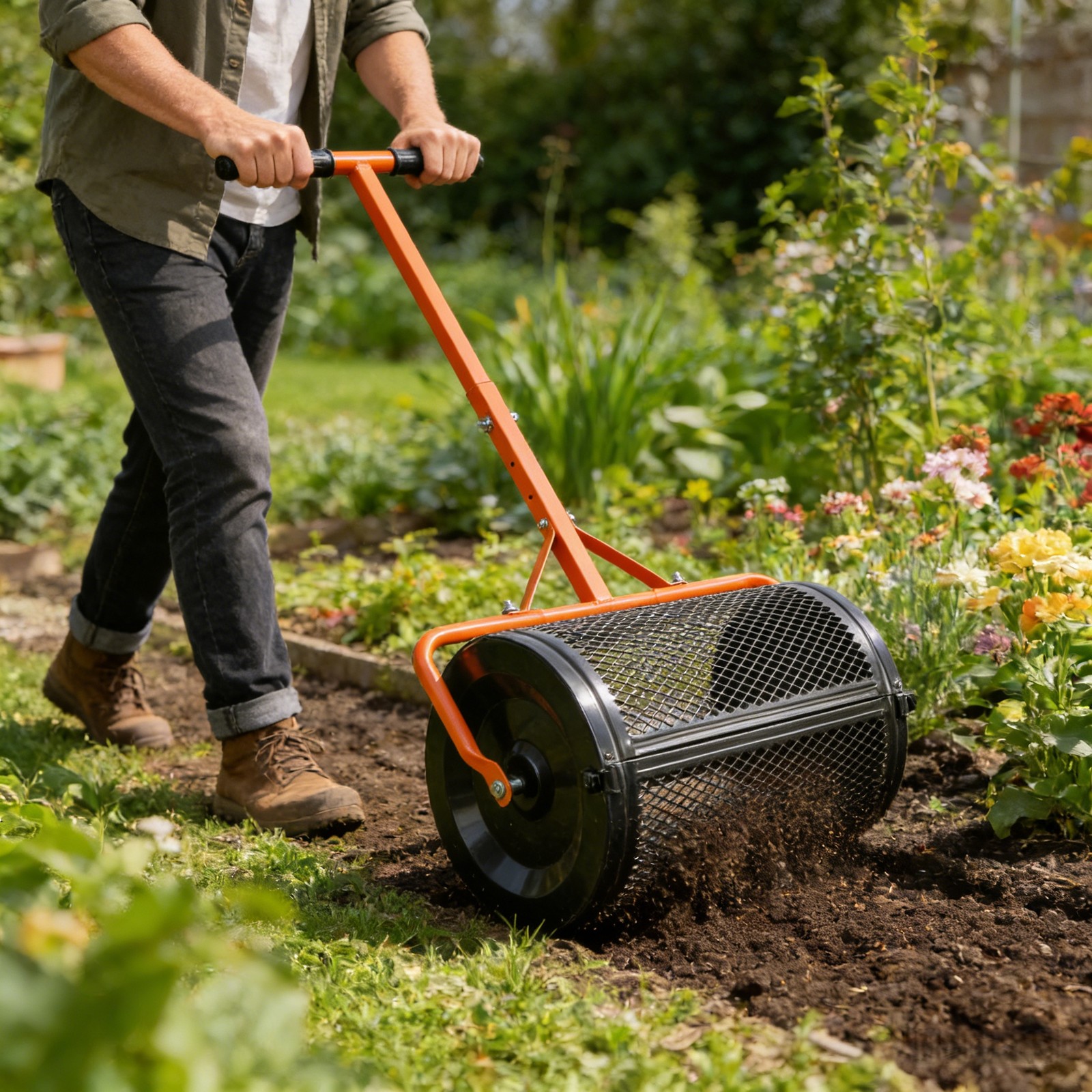 Heavy Duty 24in Compost Spreader 3-Height T-Handle Powder-Coated Steel