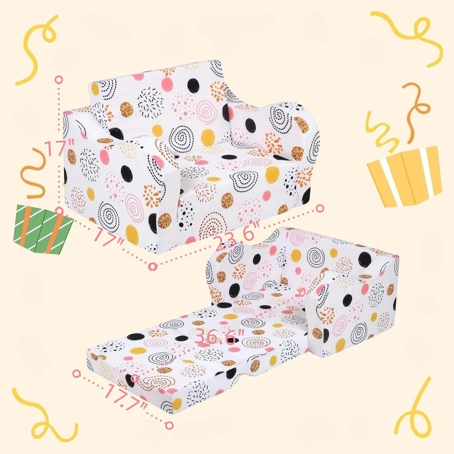 Sofá infantil Firework, sofá plegable 2 en 1, convertible en cama para niñas