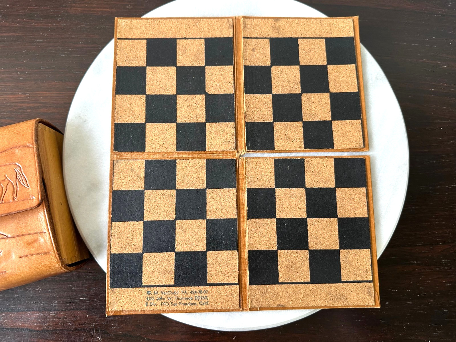USS Thomason Chess/Checkers Set Folding Board Game Leather Tooled DS30