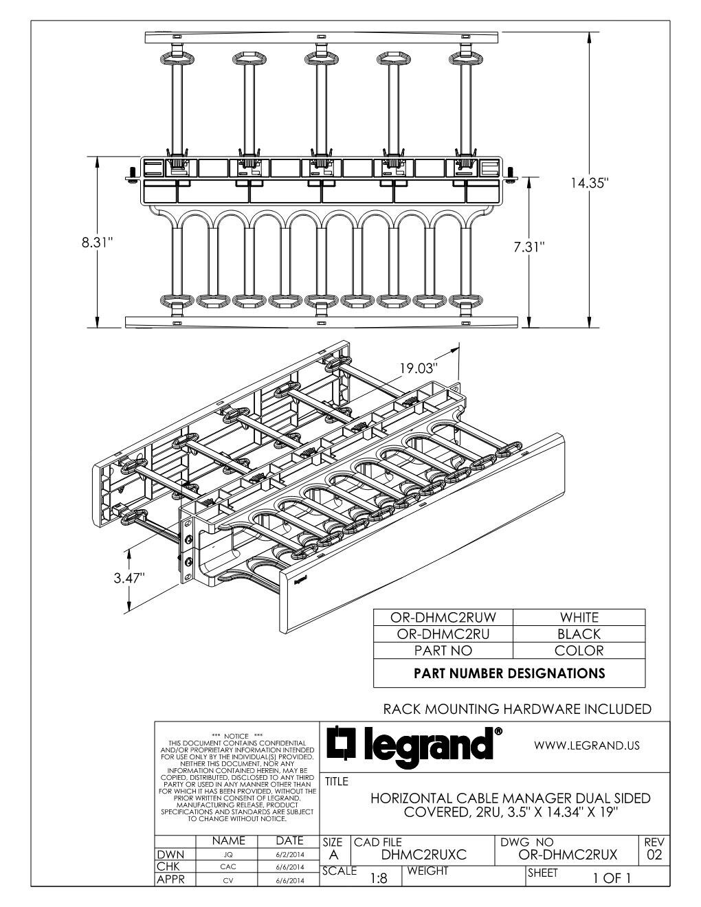 LEGRAND ORTRONICS OR-DHMC2RU DOUBLE SIDED HORIZONTAL CABLE MANAGER, RACK MOUNT