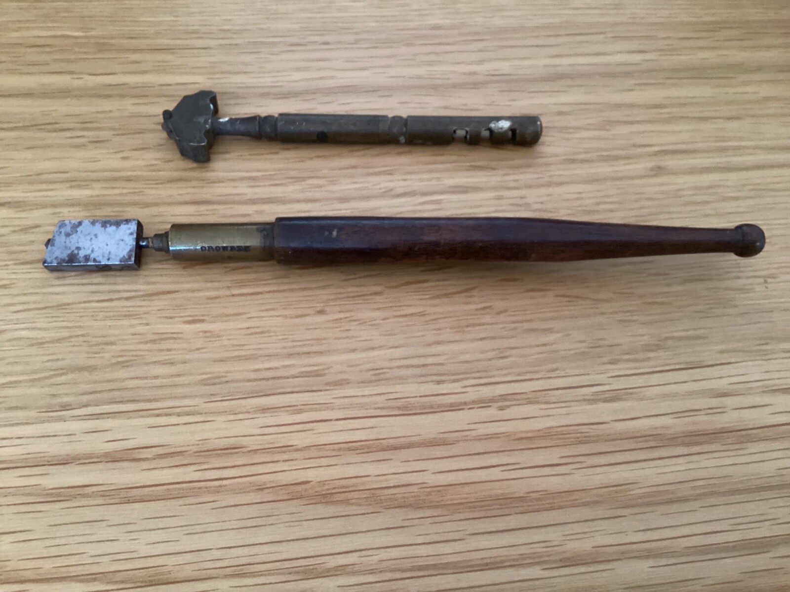 TWO VINTAGE / ANTIQUE GLASS CUTTERS CROWDEN & GARROD LONDON AND ONE FRENCH BRASS