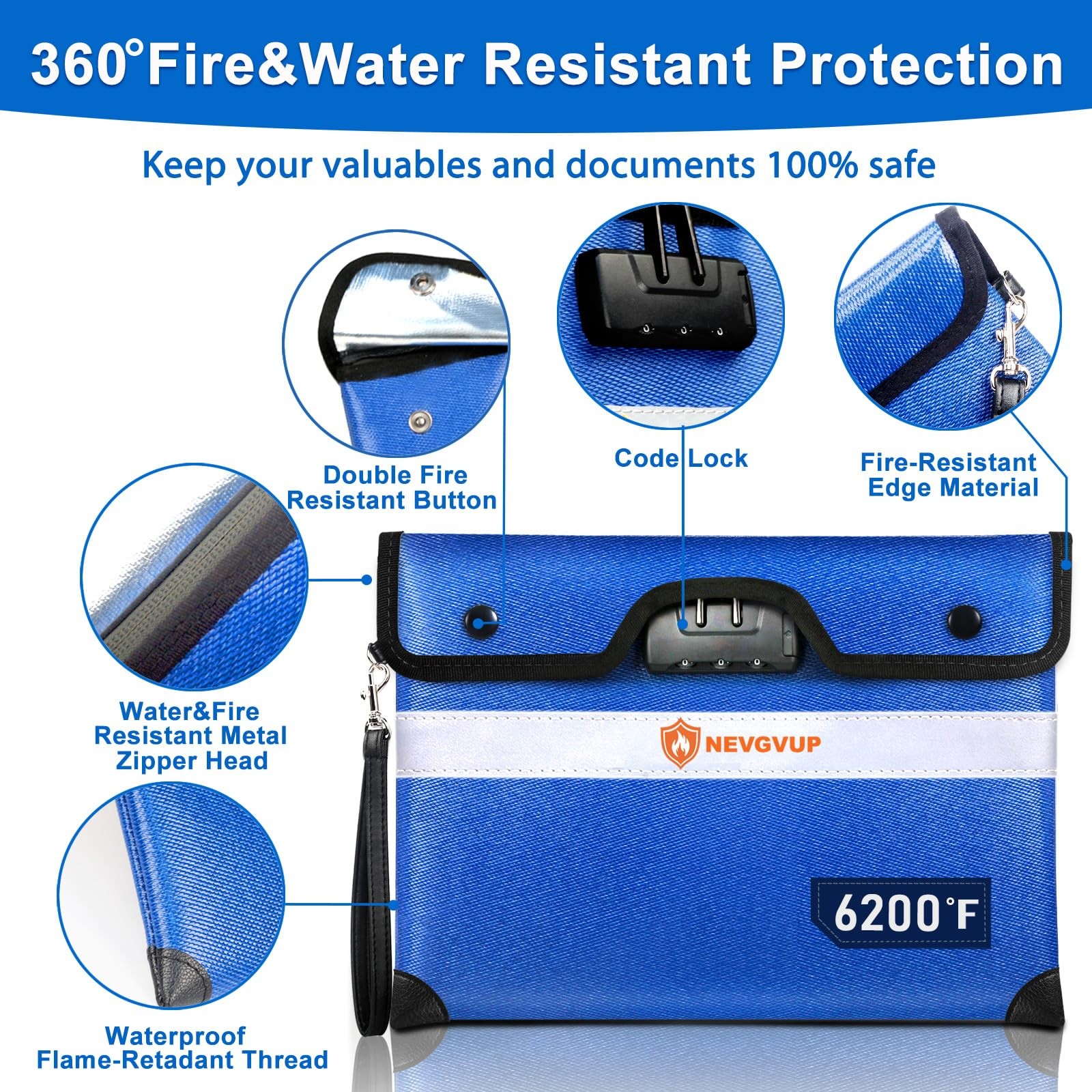 6200F Fireproof Money Bag With Lock A5 Document Zipper Reflective Strip