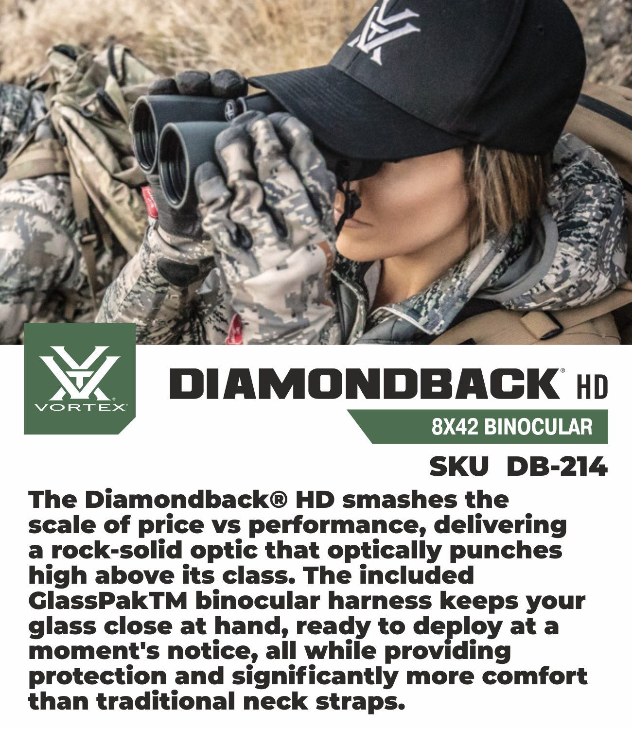 Vortex Optics DB-214 Diamondback HD 8x42 Binocular with Free Hat Bundle