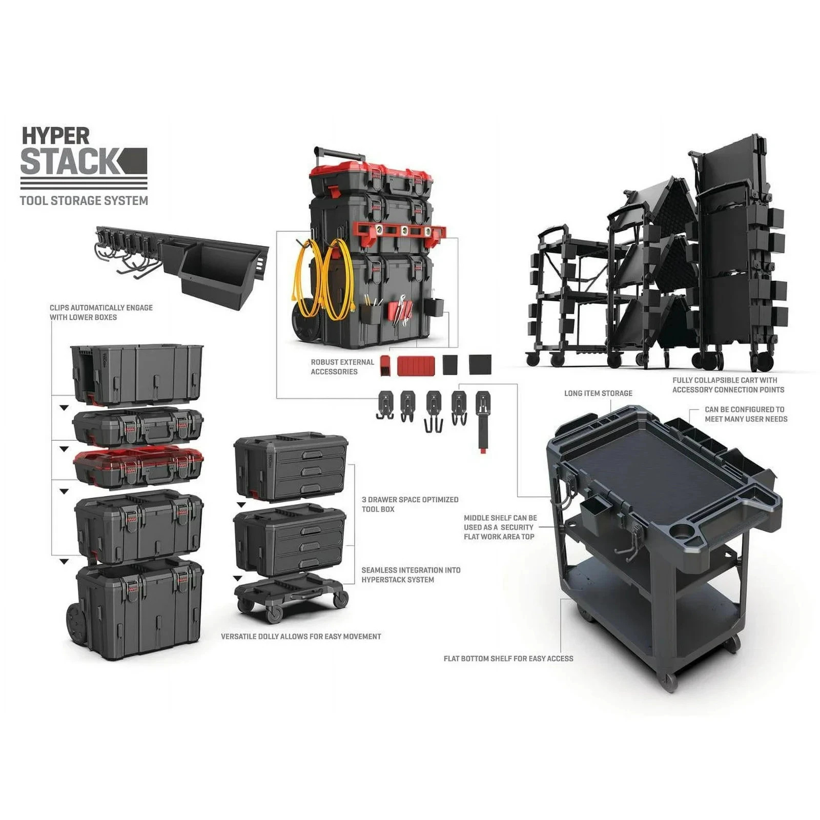 Hyper Tough Hyper Stack Heavy Duty 3 Piece Modular Rolling Toolbox System, Black
