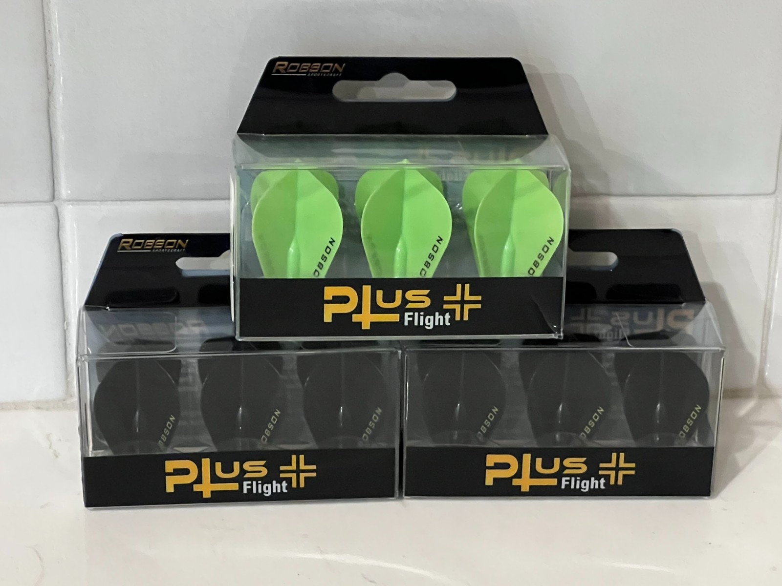 ROBSON Plus FANTAIL Dart Flights Set Lot 3 packs Flight Black Lime Green Darts