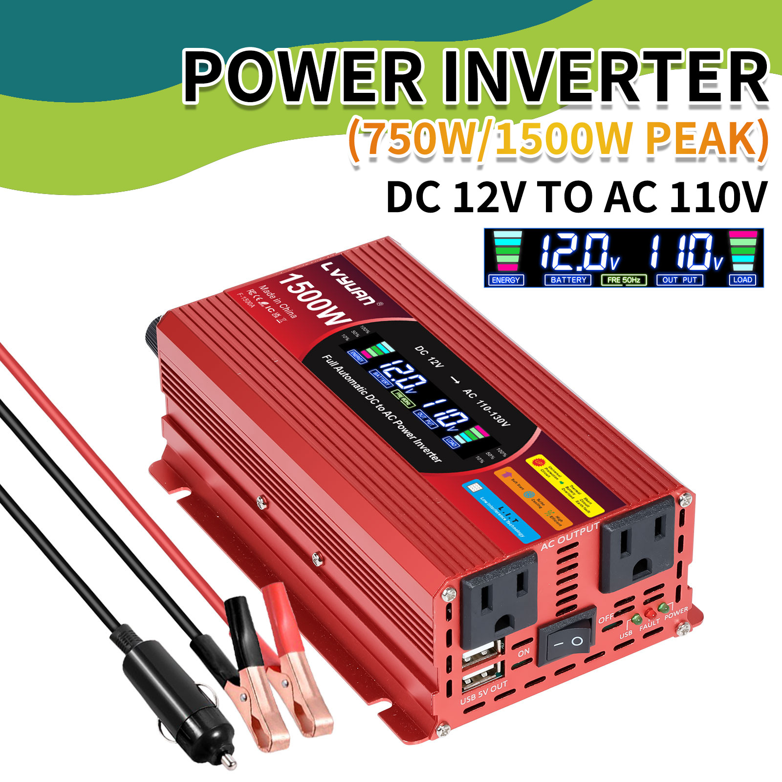 750W 1500W Power Inverters DC 12V to 110V AC Converter with 2 AC Outlets + USB