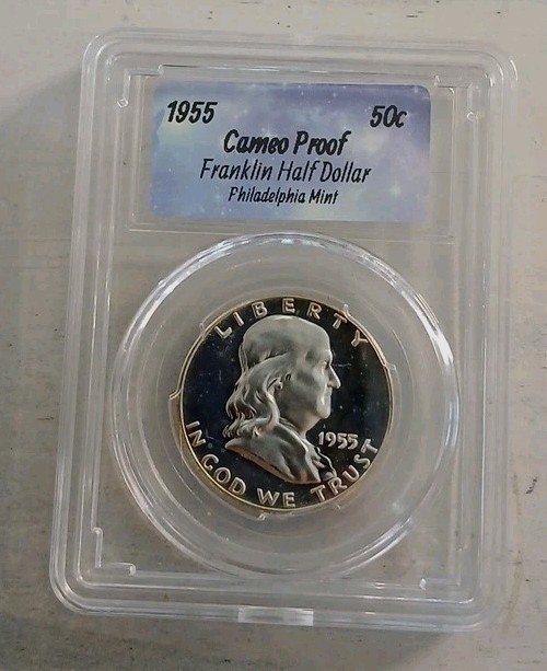 1955-P Cameo Proof Franklin Half Dollar (Low Mintage of 378,200) In Slab Holder