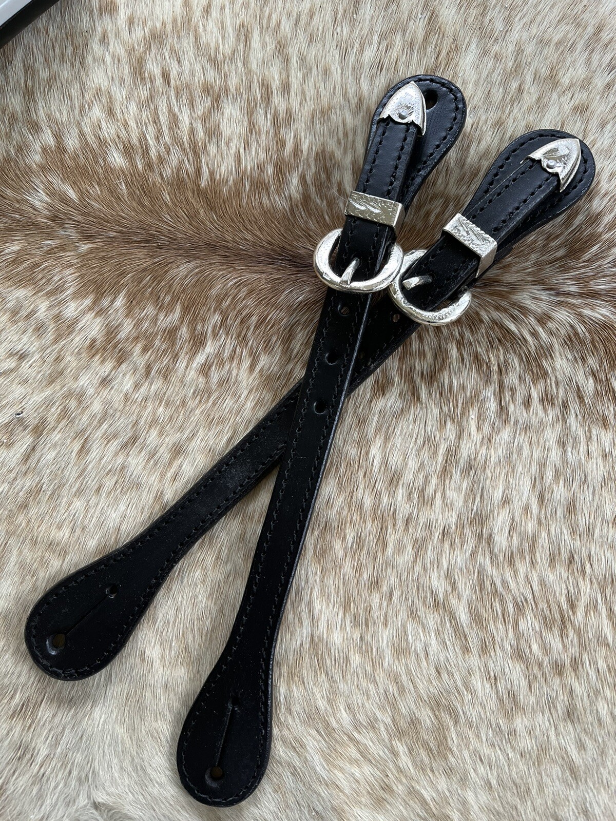 BLACK Leather Mens Western Spur Straps Engraved Silver Hardware New