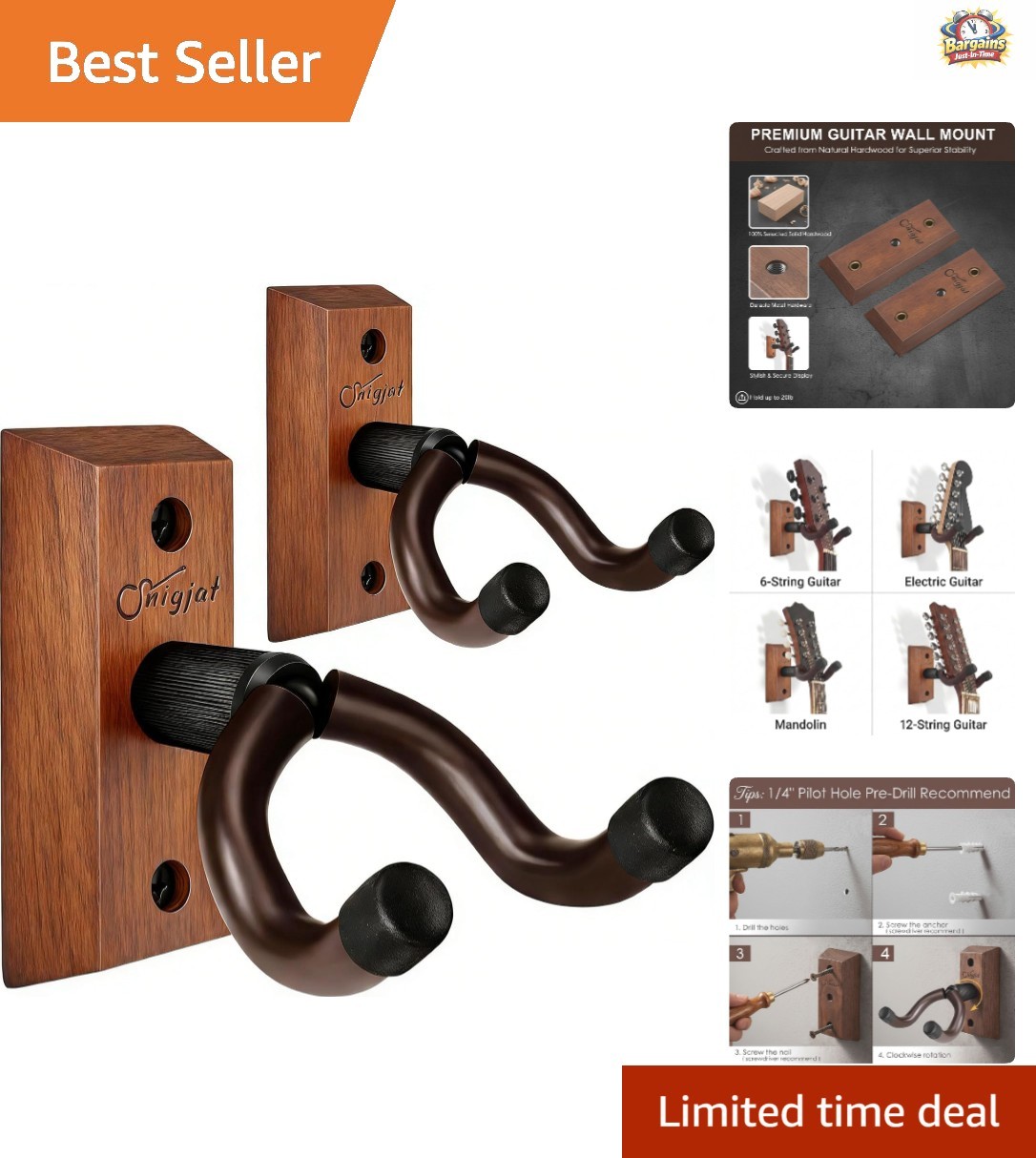 Guitar Wall Mount with Adjustable Yoke - Ideal 2-Pack for Musicians