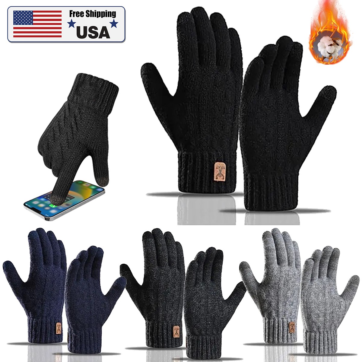Men's Thermal Winter Gloves-Fleece Lining Touch Screen Knit Stretchy Warm Gloves