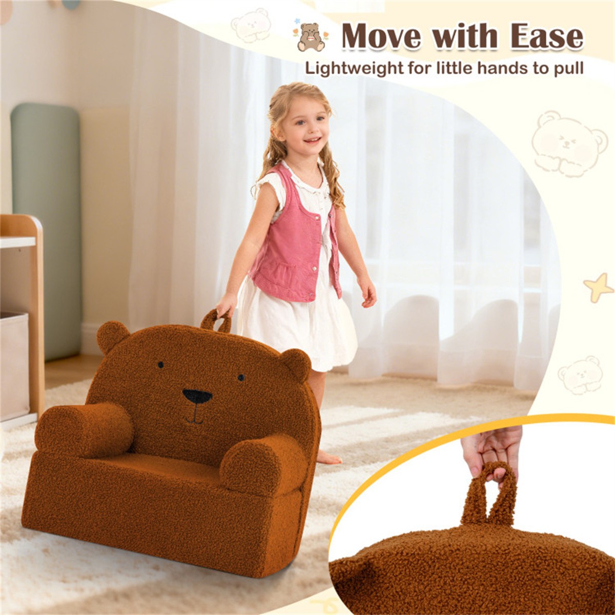 Kids Sofa Bear Shaped Teddy Fleece Foam Chair for Toddlers 3+ Portable Brown
