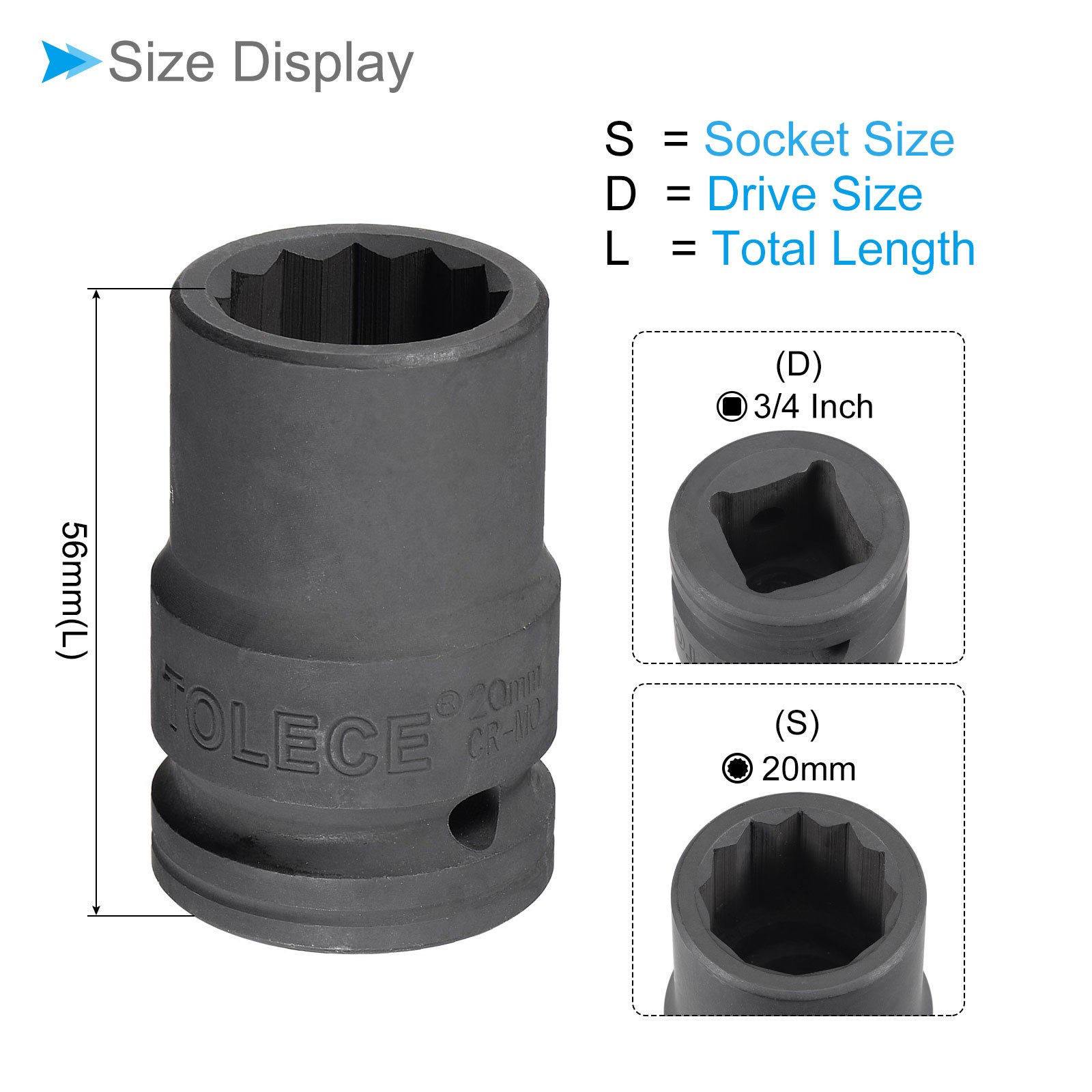 Impact Socket 3/4" Drive 20mm Socket 56mm 12 Point for DIY Hand Making