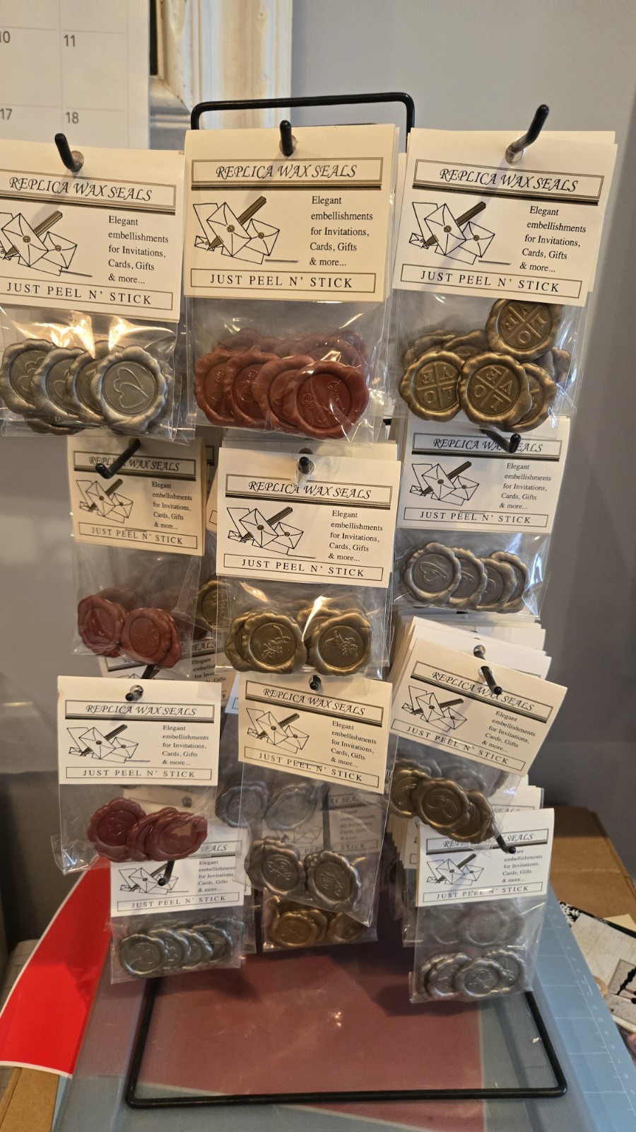 retail stand with Over 400 various Design replica wax seals  Over 100 Packs of 4