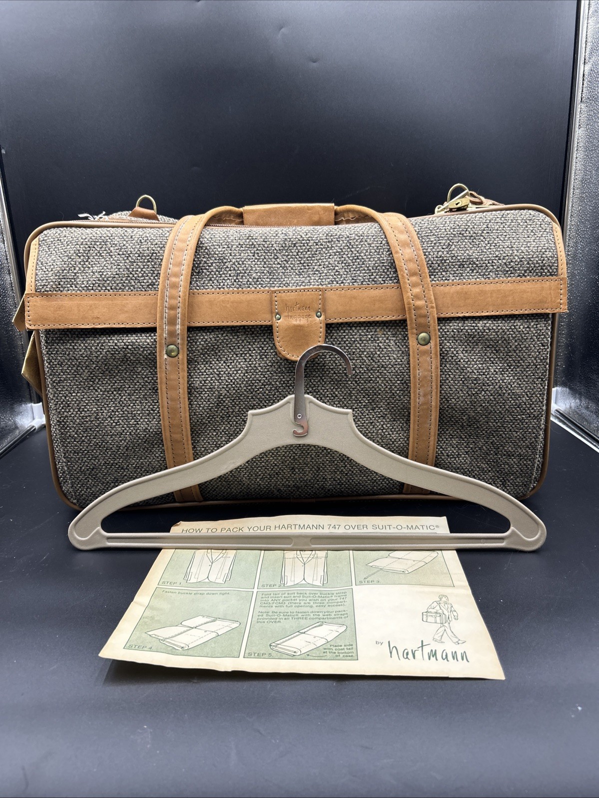 Vintage Hartmann Tweed and Leather 21" Carry On Bag with Tags Locks Keys Hanger
