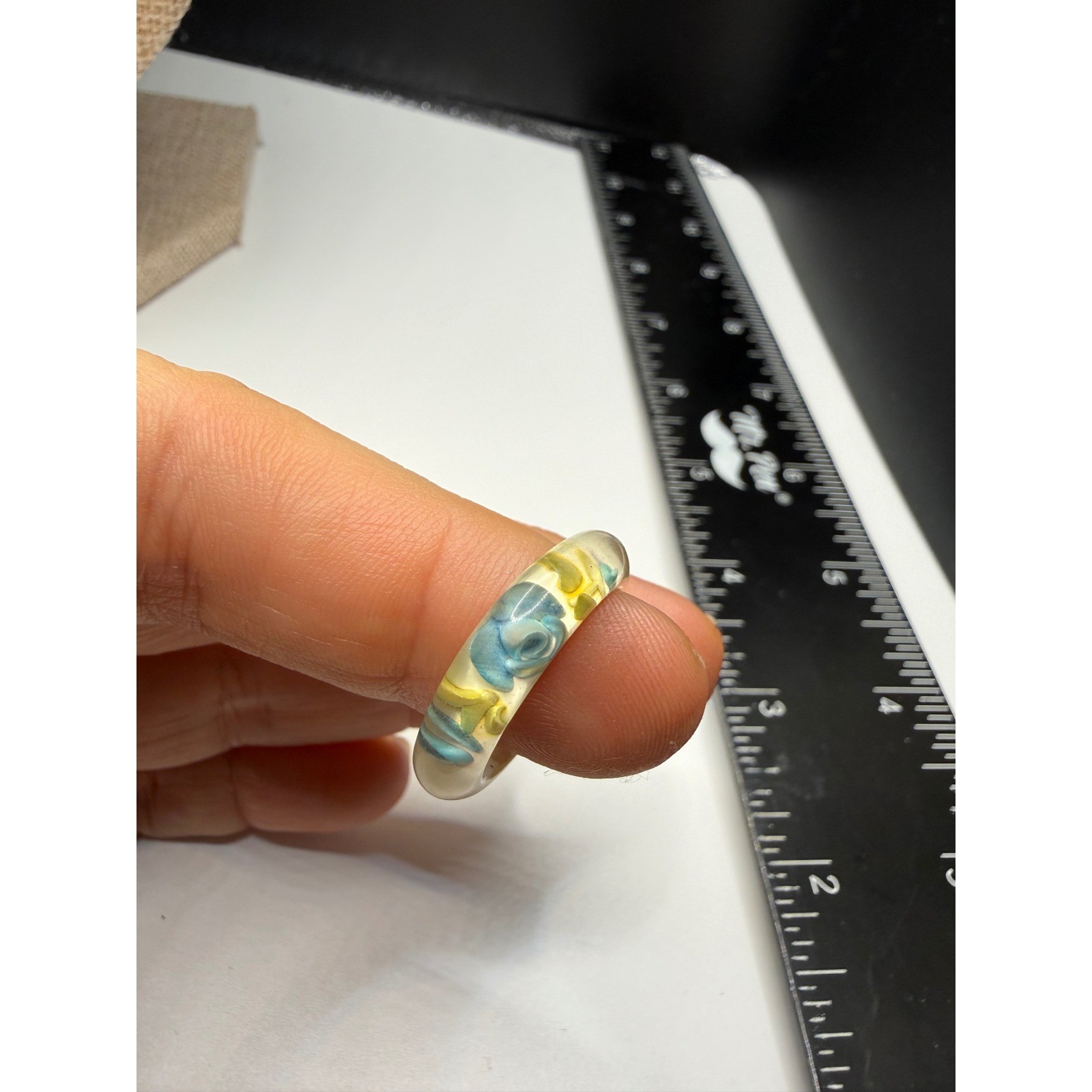 Handmade Resin Floral Band Ring Blue Yellow Rose Clear Botanical Size 6.25
