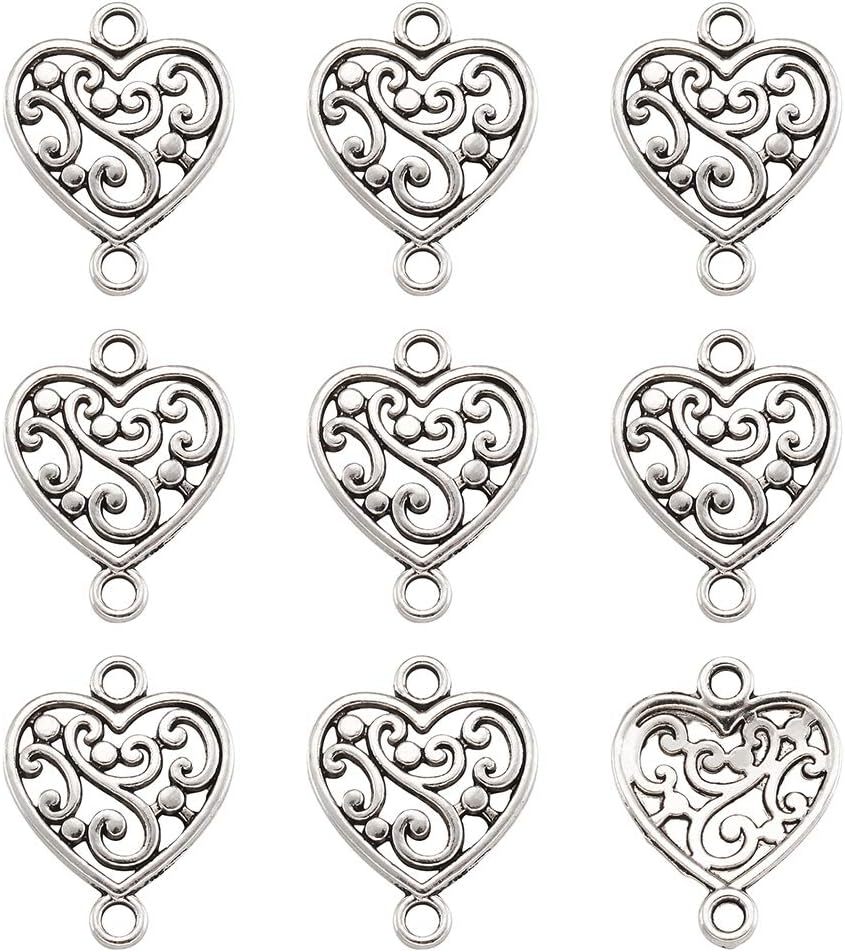 FASHEWELRY 100Pcs Antique Silver Filigree Heart Charm Links Tibetan Double...