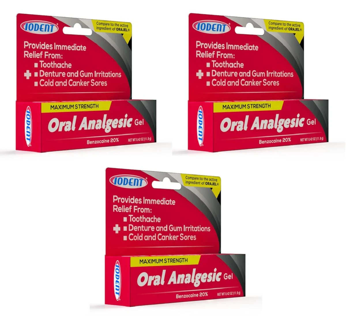 IODENT ORAL ANALGESTIC GEL BENZOCAINE 20% MAXIMUM STRENGTH 0.42 OZ ORAJEL  3X