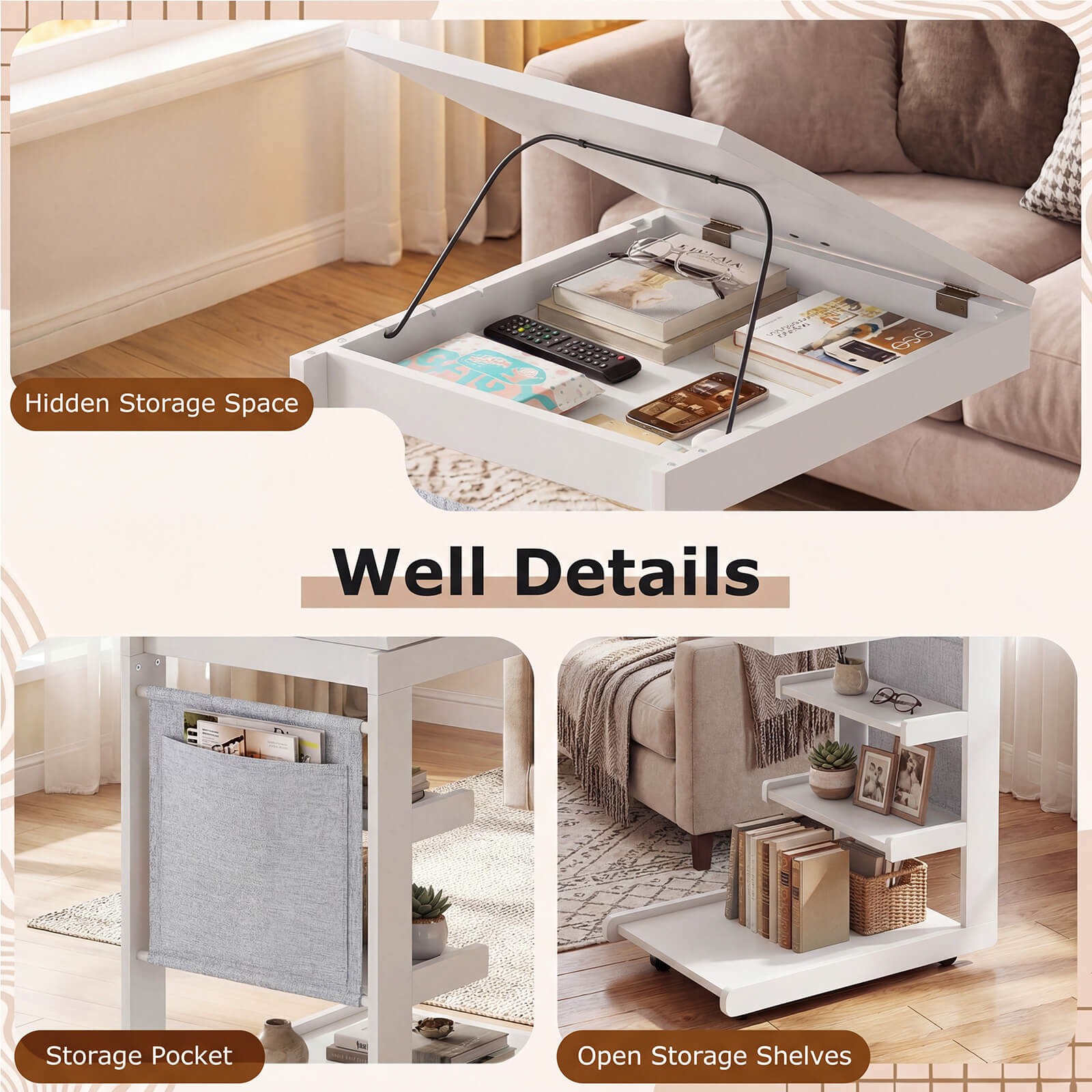 2PCS C-shaped End Table w/Wheels Adjustable Desktop Edge Stopper Storage Pocket