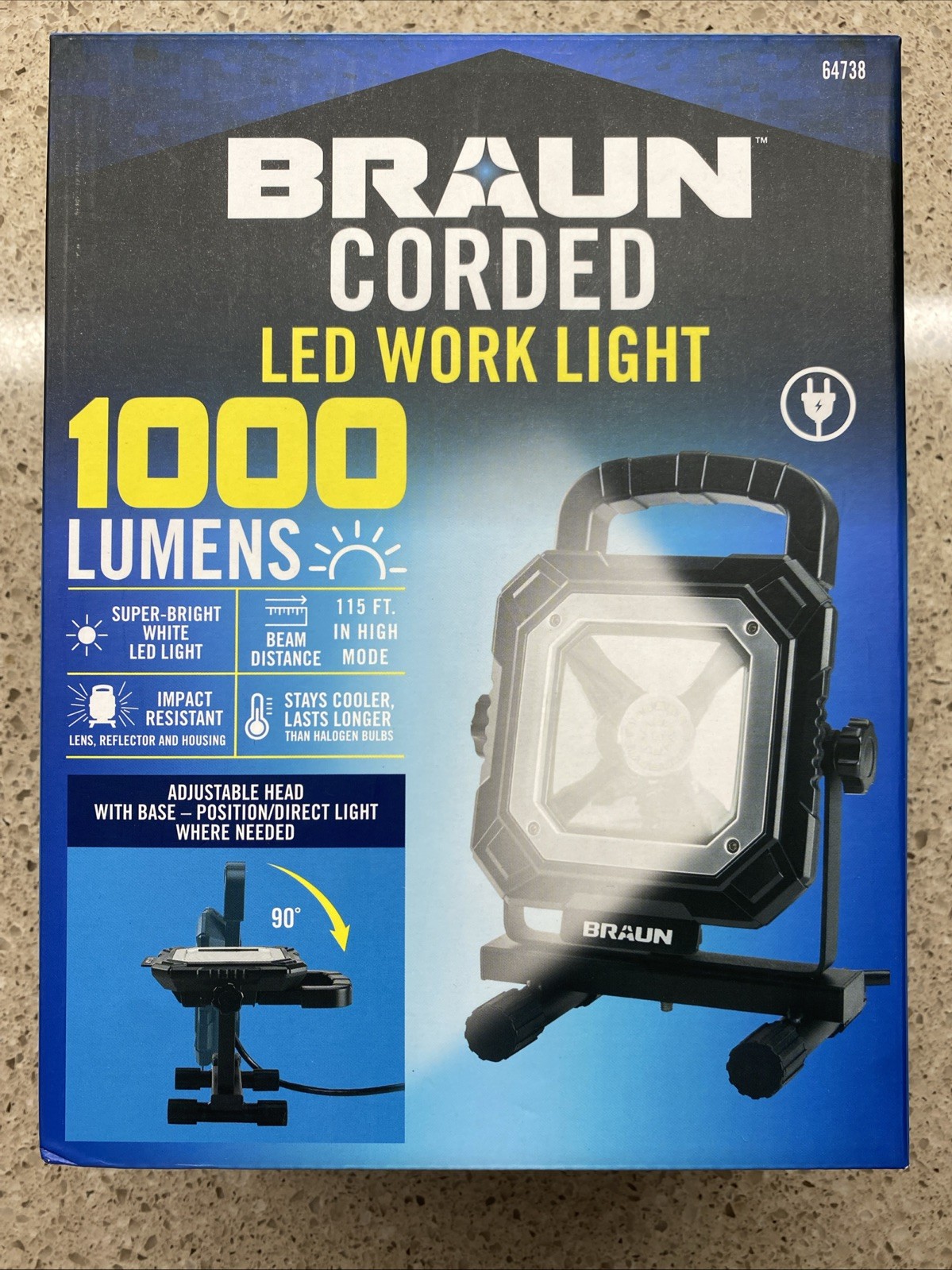 NEW BRAUN Corded 1000 Lumen White LED Work Light Adjustable Head Beam 64738
