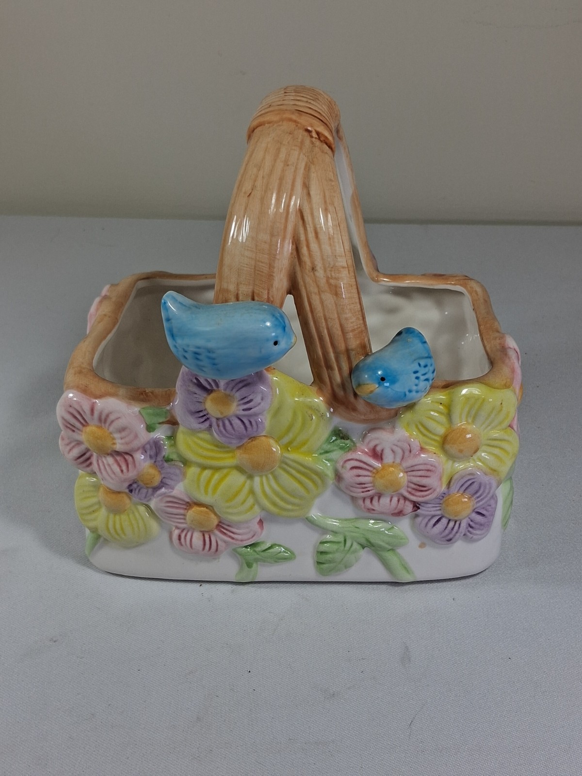 Teleflora Gift Ceramic Basket ~ Flowers & Bluebirds ~ Made in Thailand
