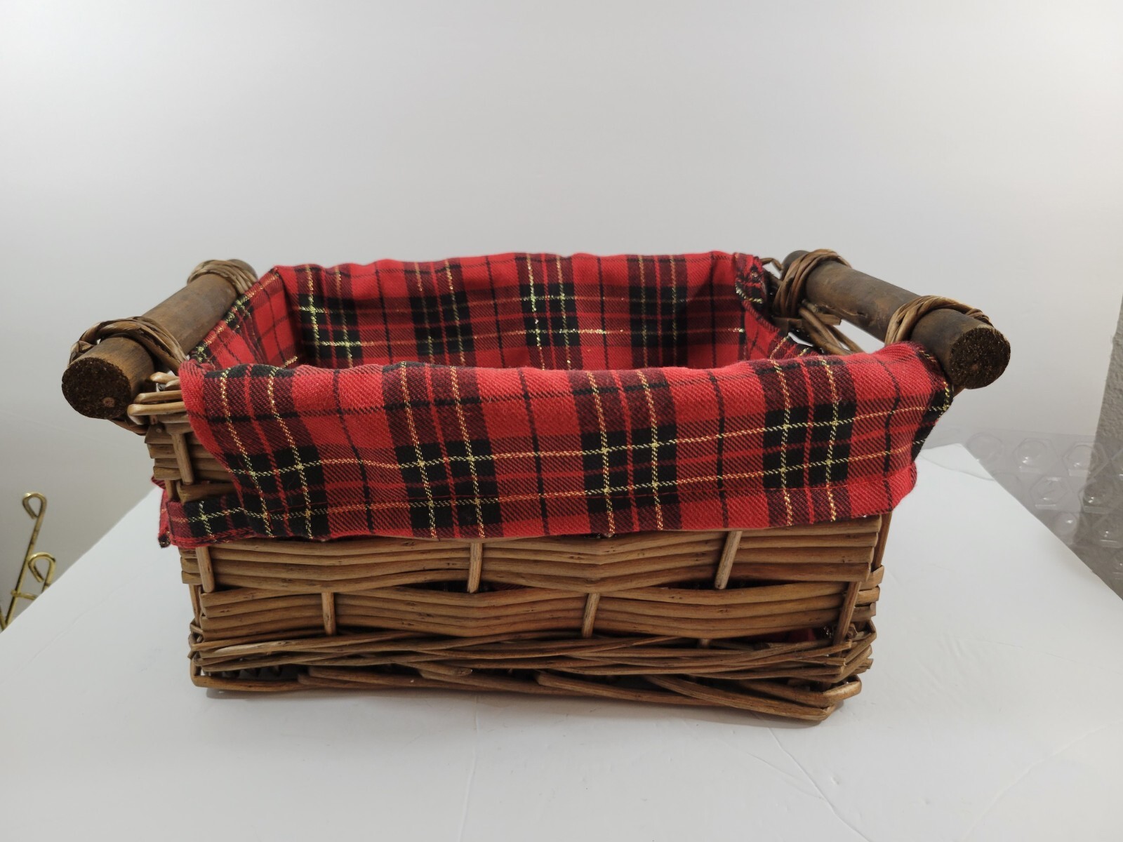 Wicker Basket Red Plaid Liner Rectangle Handles