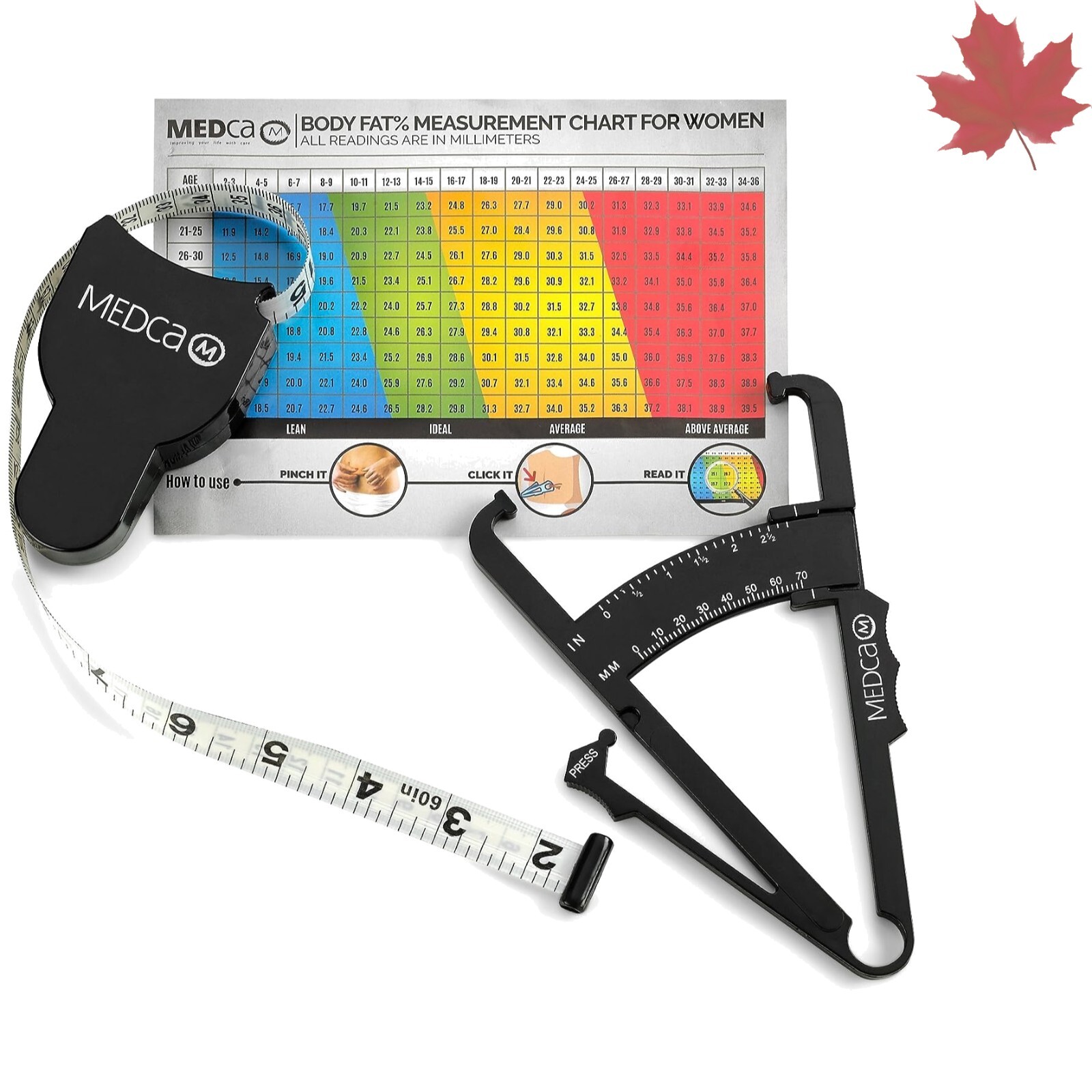 Precision Body Fat Caliper + Measuring Tape - BMI Skin Fold Fitness Tool