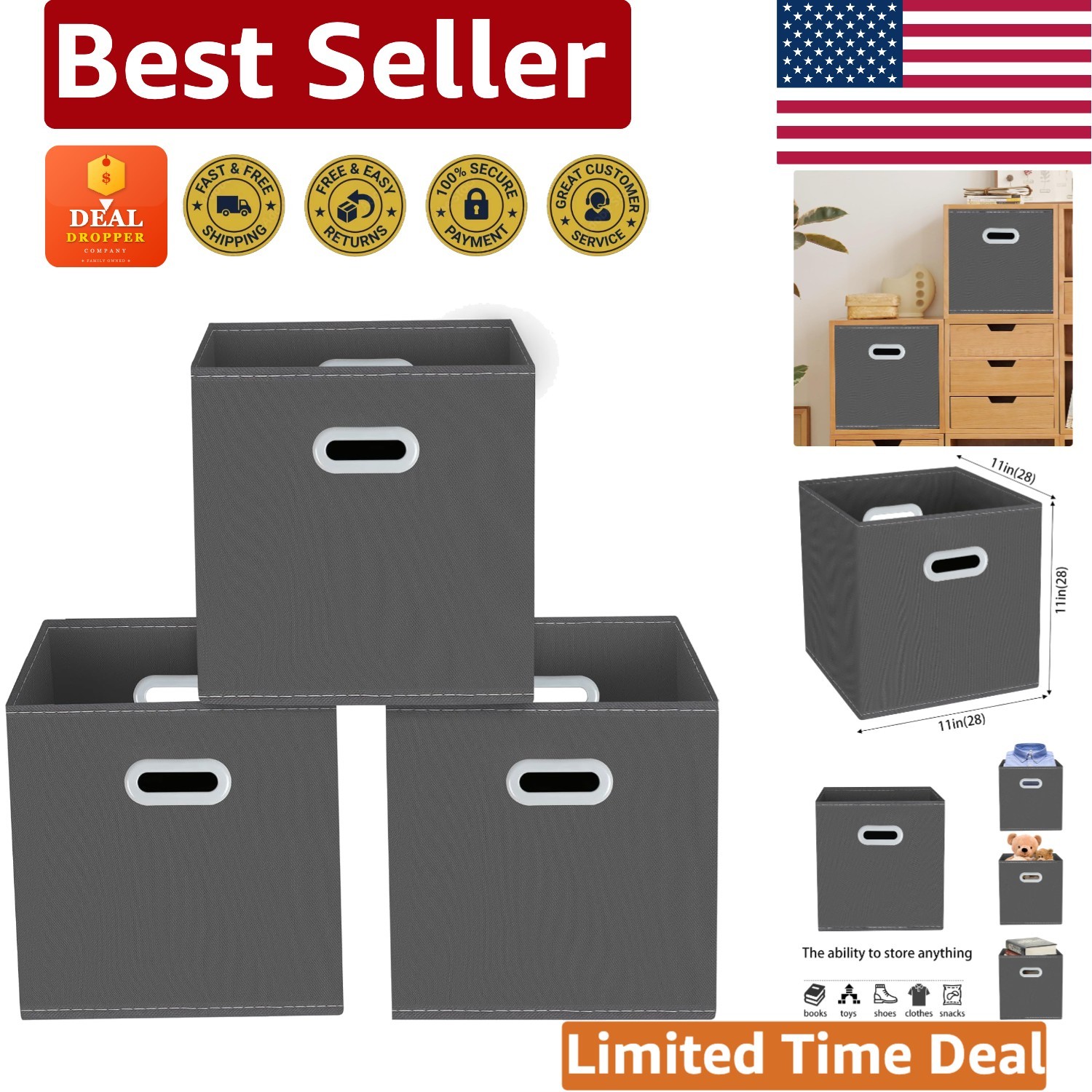 Stylish Gray Fabric Cube Organizers - Foldable, Lightweight, and Space-Saving