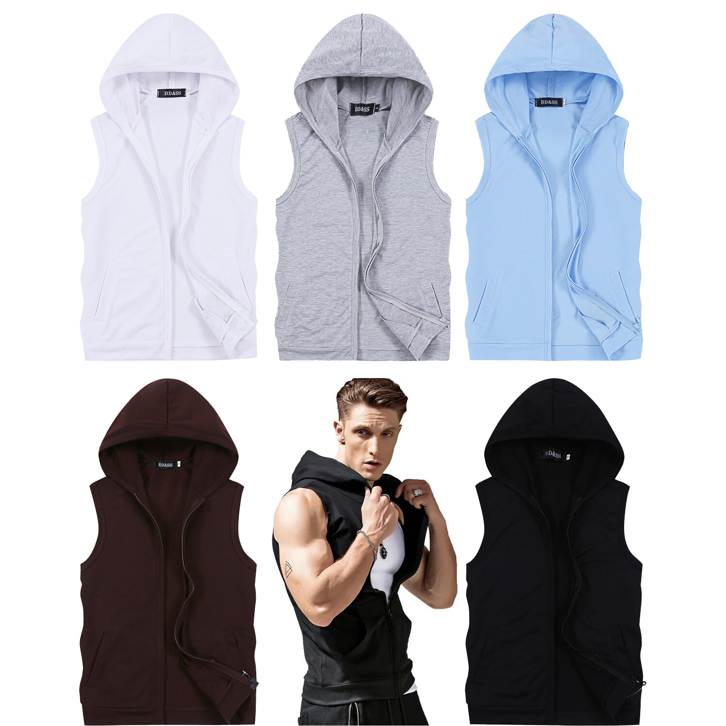 Sleeveless Zipper Hoodie Hooded Workout Gym Training Sport Jacket Vest Tank Top