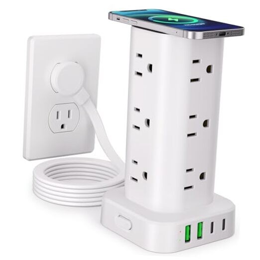 Power Strip Tower with Wireless Charger, Flat 6FT with Wireless Charging White