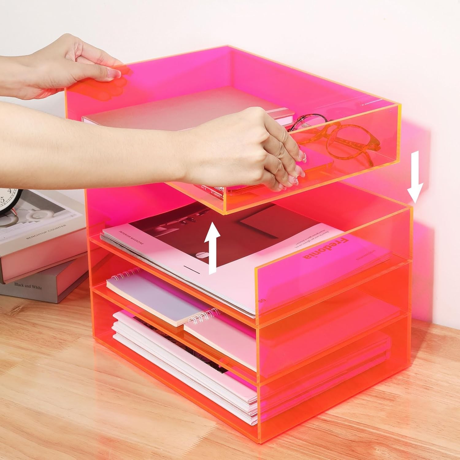 Acrylic File Organizer Desk 4 Tiered Stackable Letter Tray Office Paper Storage