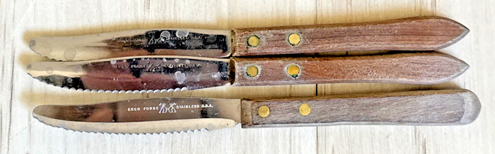 Ekco Forge Stainless Steel Steak Knives USA 3-3/4” Blade Wood Handle 8" Set Of 3