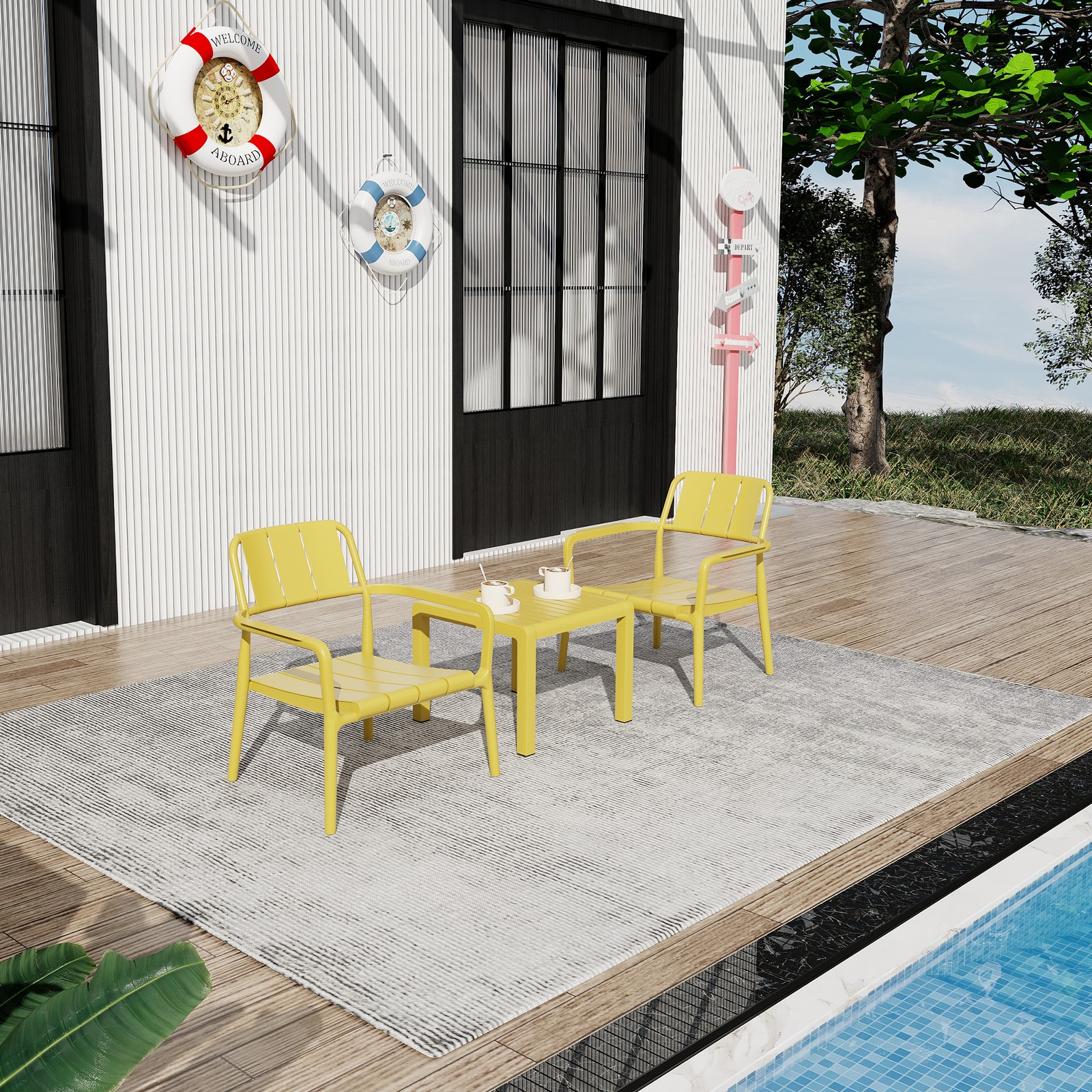 Yellow Polypropylene 2-Piece Chair & Coffee Table Set Indoor Outdoor
