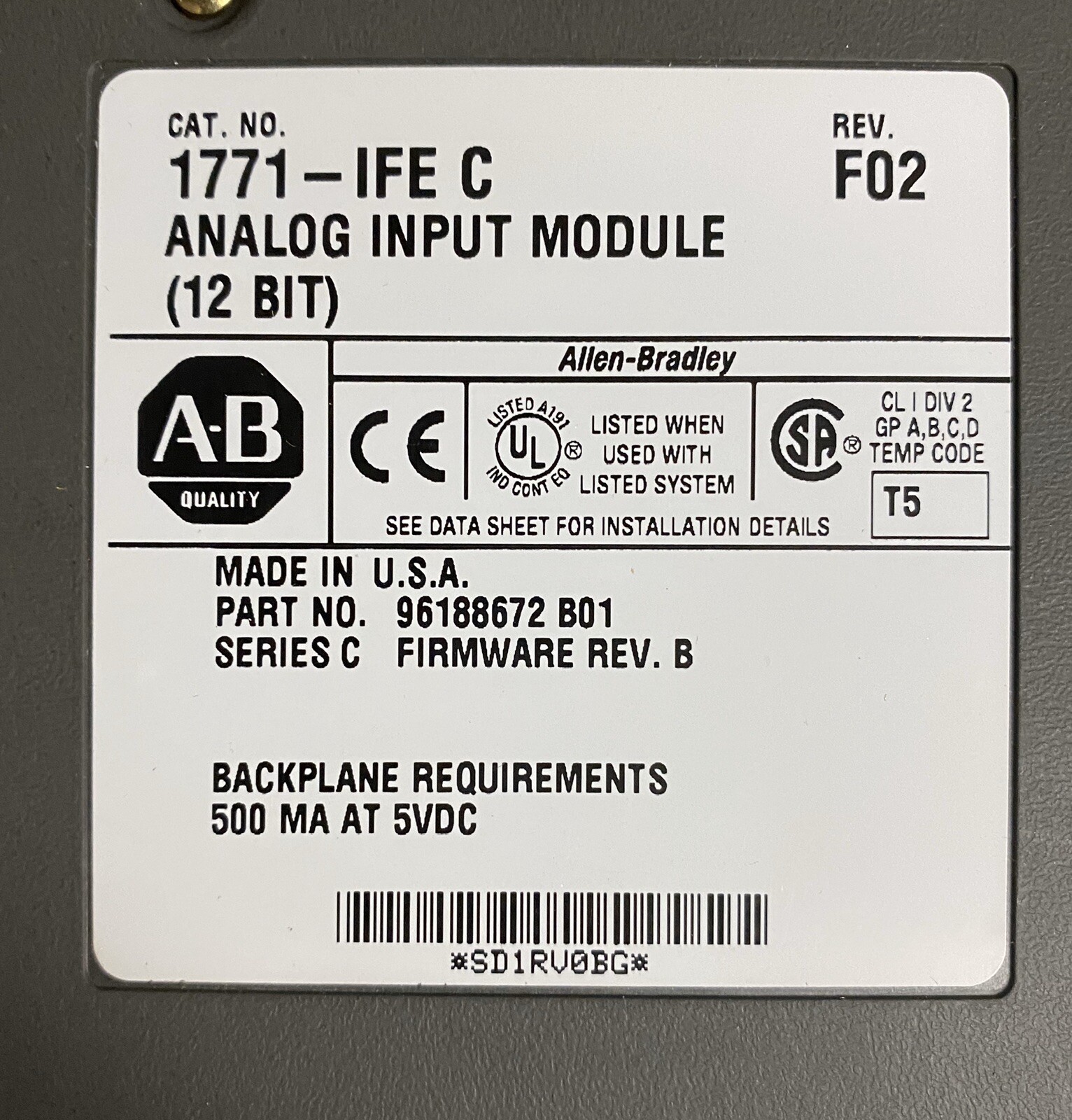 Allen Bradley 1771-IFE/C Rev:F02 Analog Input Module