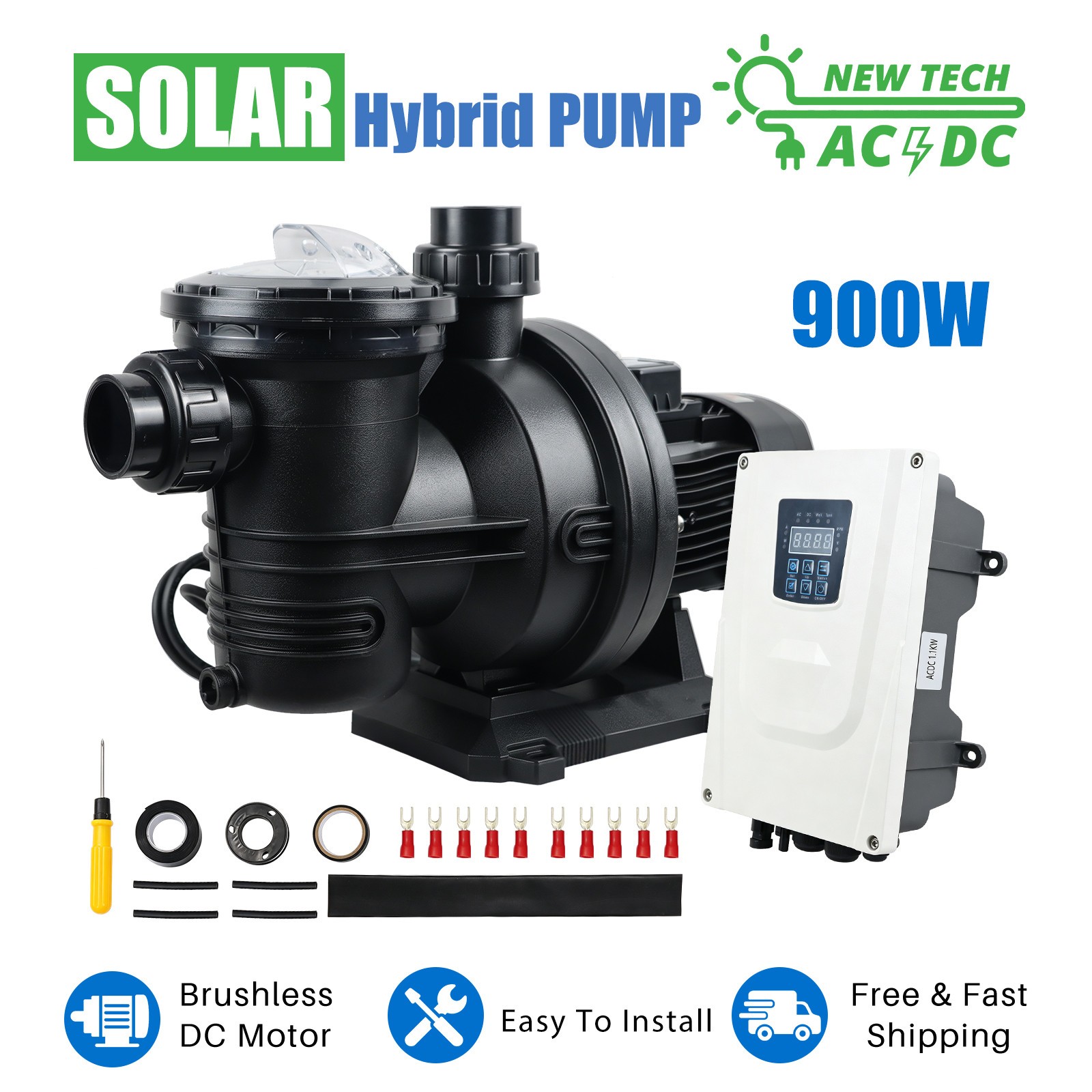900W Solar Hybrid Swimming Pool Pump Kits with AC/DC Auto-switching Controller