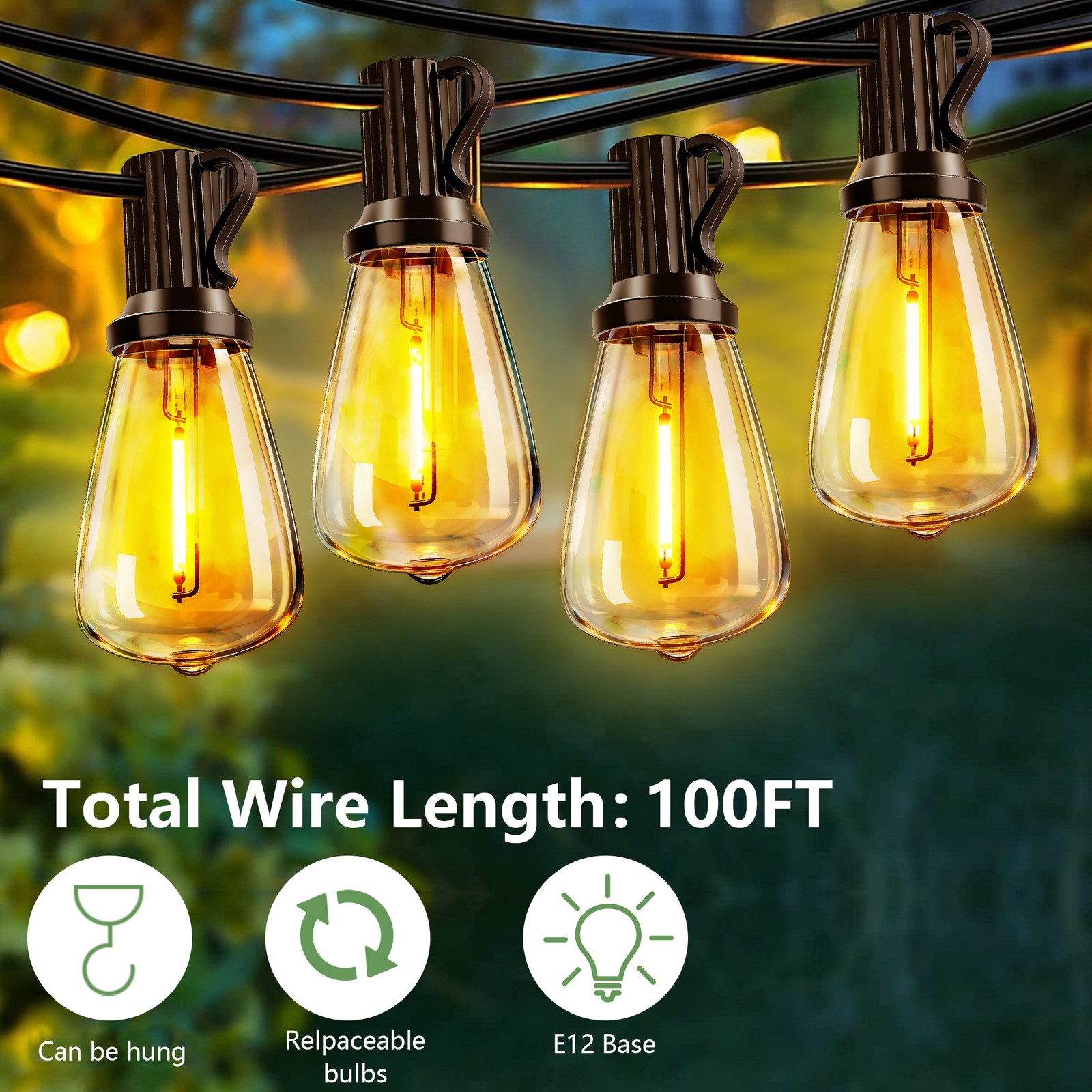 100FT Solar String Lights Outdoor Waterproof Patio w Remote Control 32 ST38 Bulb