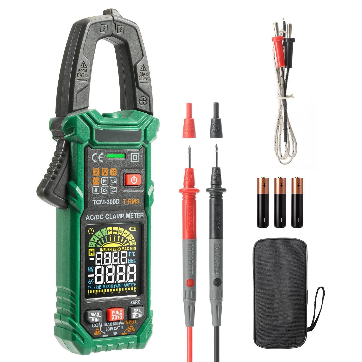 Pinza amperimétrica digital TCM-300D, multímetro de 6000 cuentas, comprobador de