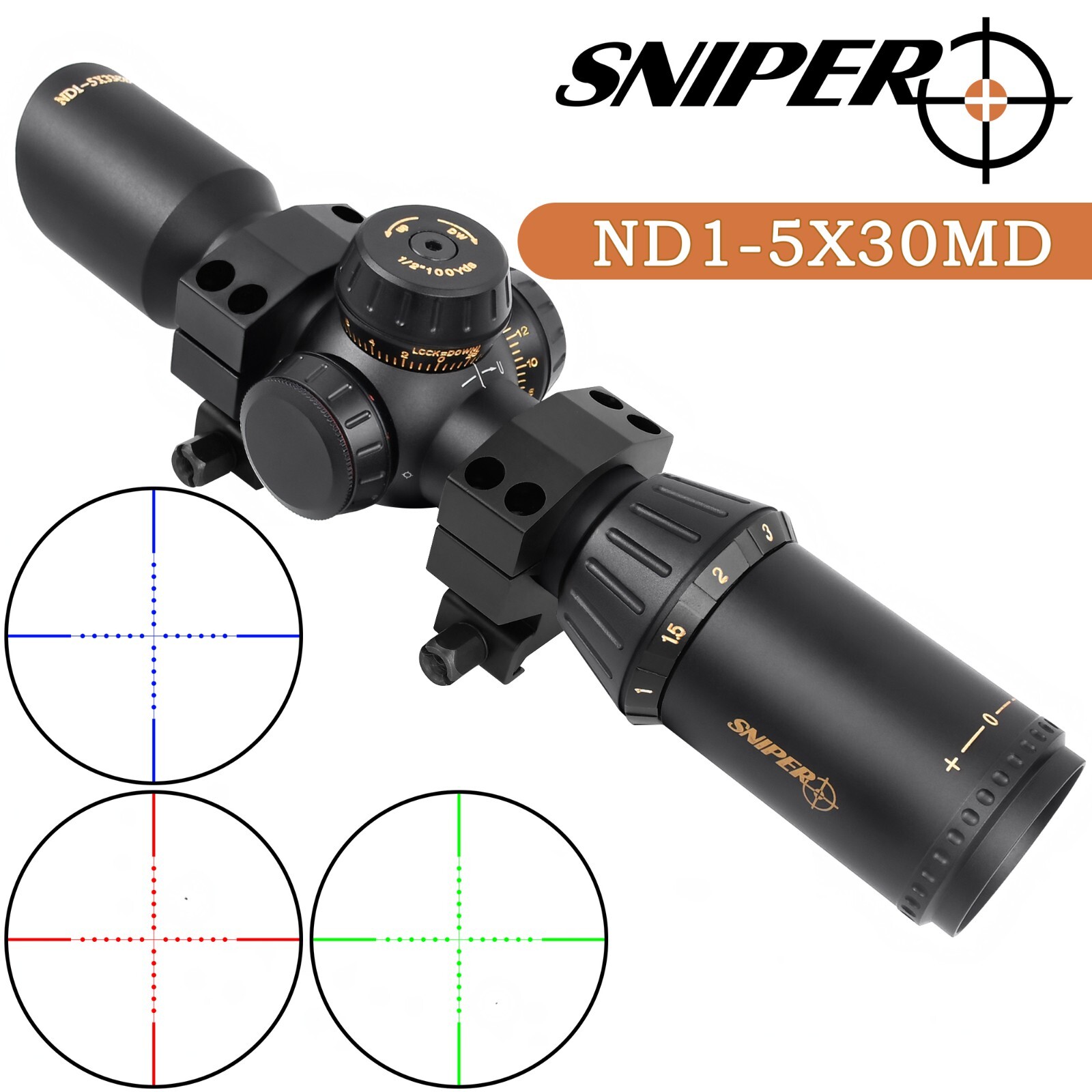 Sniper ND1-5x30 Rifle Scope Mil-dot reticle 30mm tube R/G/B illuminated reticle