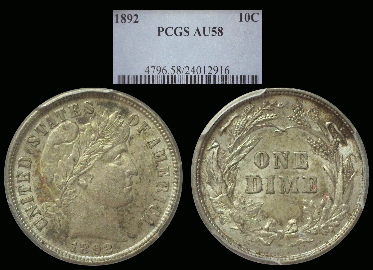 1892 First Year BARBER DIME 10C PCGS AU58 Nice Toner