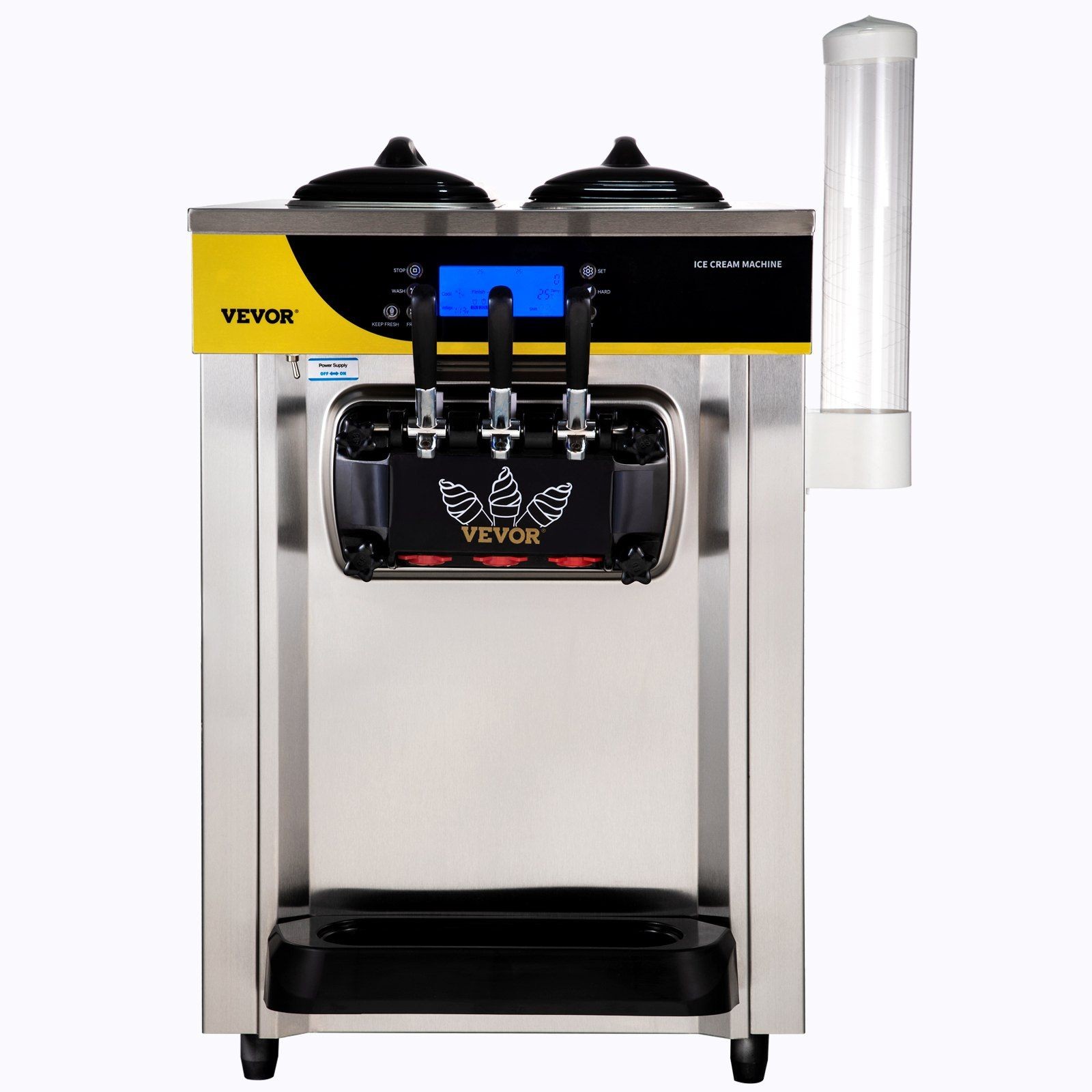 22-30L/H 2200W Soft Serve Machine 2x6L Hopper 2L Cylinder LCD & Alarm Silver